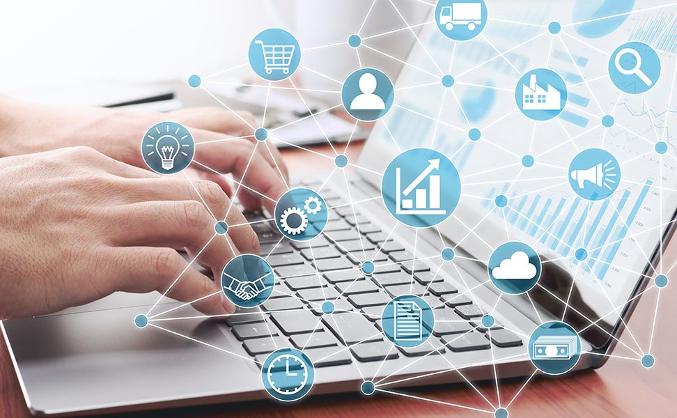 Businessman using laptop for analyzing data. Enterprise resource Businessman using laptop for analyzing data. Enterprise resource planning concept.
Business structure and many business icons.
